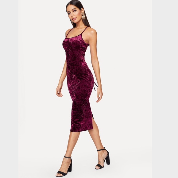 Lace Up Backless Velvet Cami Bodycon Dress - Picture 2 of 8
